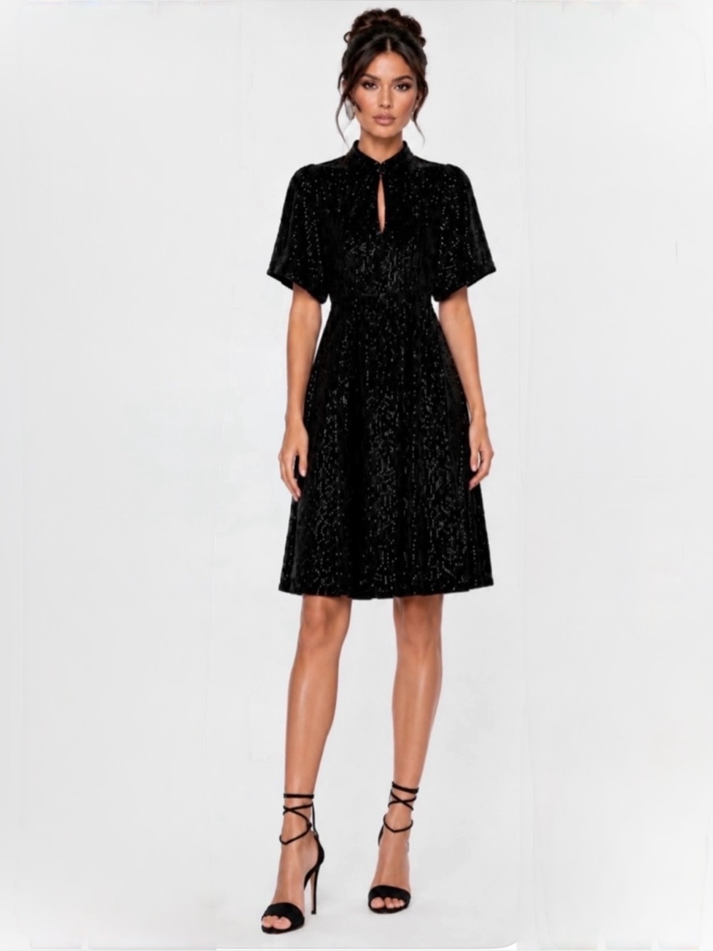 New🌺$350 Johnny Was Eve Sequin Mini Dress Black Mock Neck Keyhole Size 12